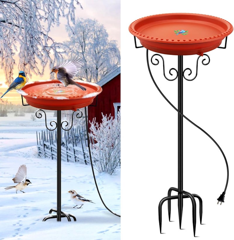 Lovppy Heated Bird Baths for Outdoors for Winter, 100W Heated Bird Bath Water Heater with Thermostatically Controlled, Heated Bird Baths Bowl with Metal Stake for Outside Garden Patio Yard (Brown) - Image 1